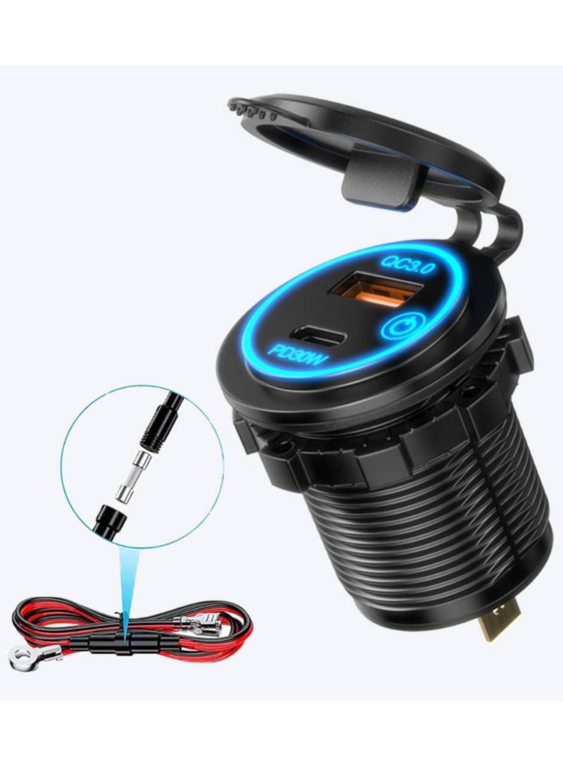 AROAQ PD30W Type C, QC3.0 USB Charger Socket, Dual USB Car Charger Power Outlet with switch for 12V/24V Car, Boats and Marine, Motorcycle, Truck - Image 1