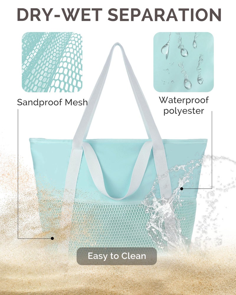 HOMESPON Beach Bag Large Waterproof Sandproof Foldable Tote for Women with Zipper and Mesh Pockets for Pool Cruise Travel Everyday (Tiff) - Image 5