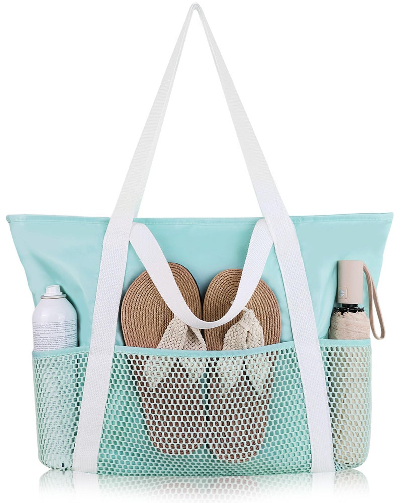 HOMESPON Beach Bag Large Waterproof Sandproof Foldable Tote for Women with Zipper and Mesh Pockets for Pool Cruise Travel Everyday (Tiff) - Image 1