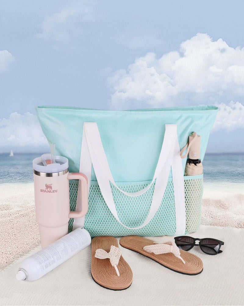 HOMESPON Beach Bag Large Waterproof Sandproof Foldable Tote for Women with Zipper and Mesh Pockets for Pool Cruise Travel Everyday (Tiff) - Image 3