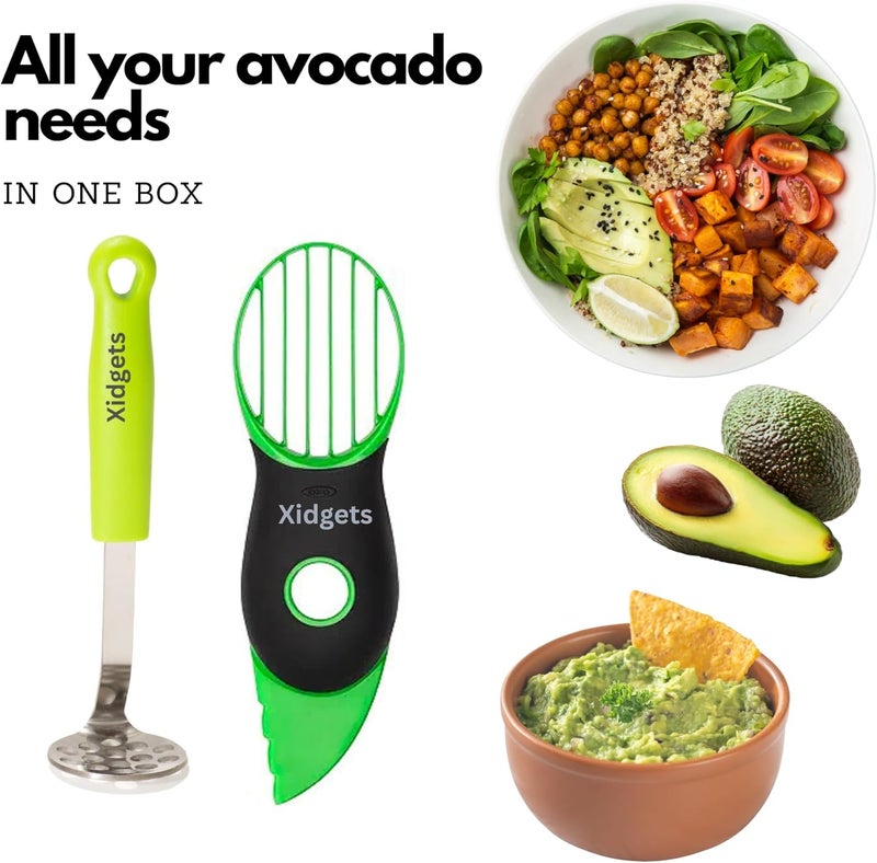 Xidgets 2pc Avocado Tool Set in Box - 3-in-1 Avocado Slicer with Cutter & Pit Remover + Mini Masher - Kitchen Utensil Gift Set for Guacamole Lovers by (Zippy Green/Zippy Green) - Image 2