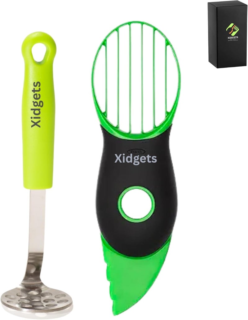 Xidgets 2pc Avocado Tool Set in Box - 3-in-1 Avocado Slicer with Cutter & Pit Remover + Mini Masher - Kitchen Utensil Gift Set for Guacamole Lovers by (Zippy Green/Zippy Green) - Image 1