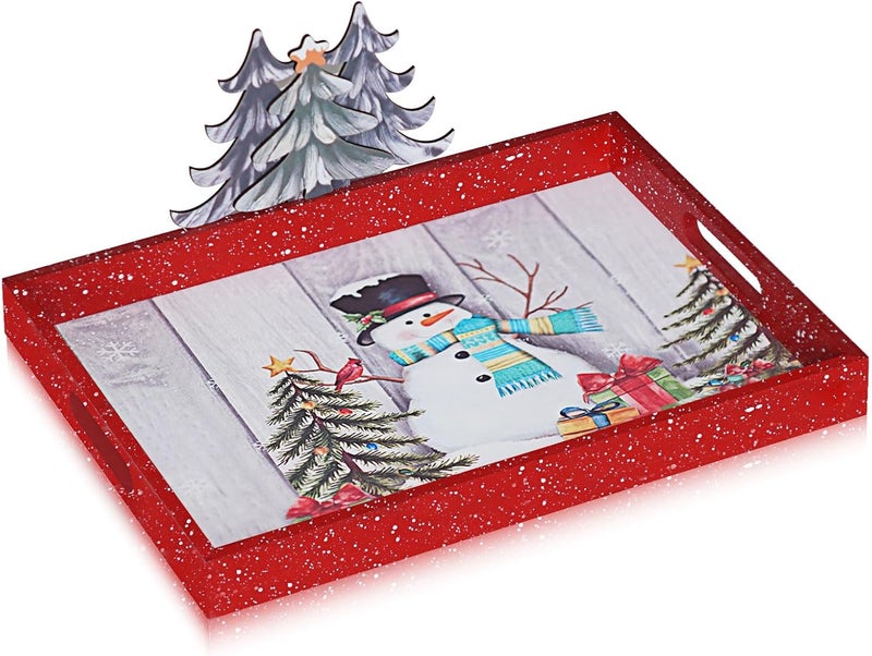 Krismax Christmas Decoration Serving Tray with Handels Decorative Tray Coffee Table Serving Platter Thanksgiving Tray - Breakfast Drinks Liquor Snowman(Red) - Image 1