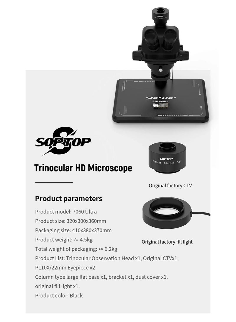 SOPTOP 7060 Ultra Trinocular HD Microscope 7X–60X Continuous Zoom with LED Light for PCB Repair, Mobile Phone Repair, Jewelry Inspection, Laboratory & Industrial Use - Image 2