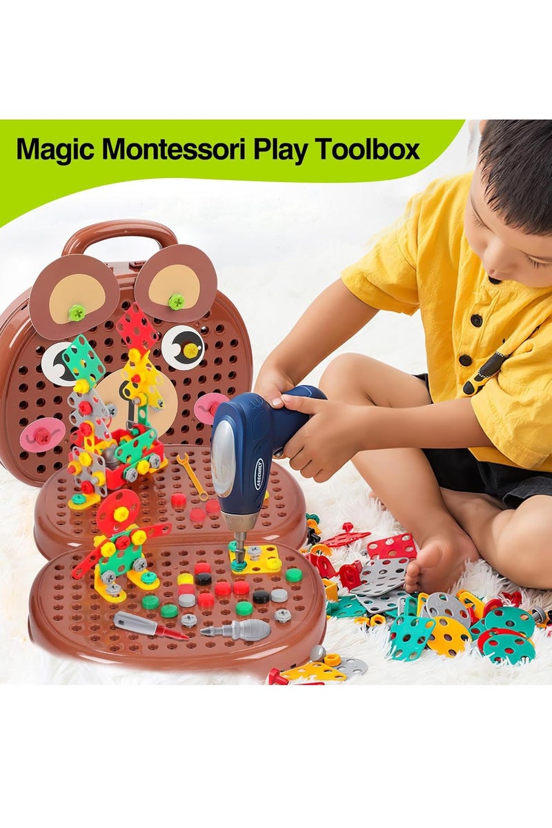 فلوشرينيك مجموعة أدوات للأطفال، 203 قطعة صندوق أدوات لعب ماجيك مونتيسوري على شكل دب مع مثقاب، صندوق أدوات إبداعية ثنائية/ثلاثية الأبعاد ألعاب مونتيسوري هدية للأطفال من سن 3 إلى 12 سنة، الأولاد والبنات - Image 3