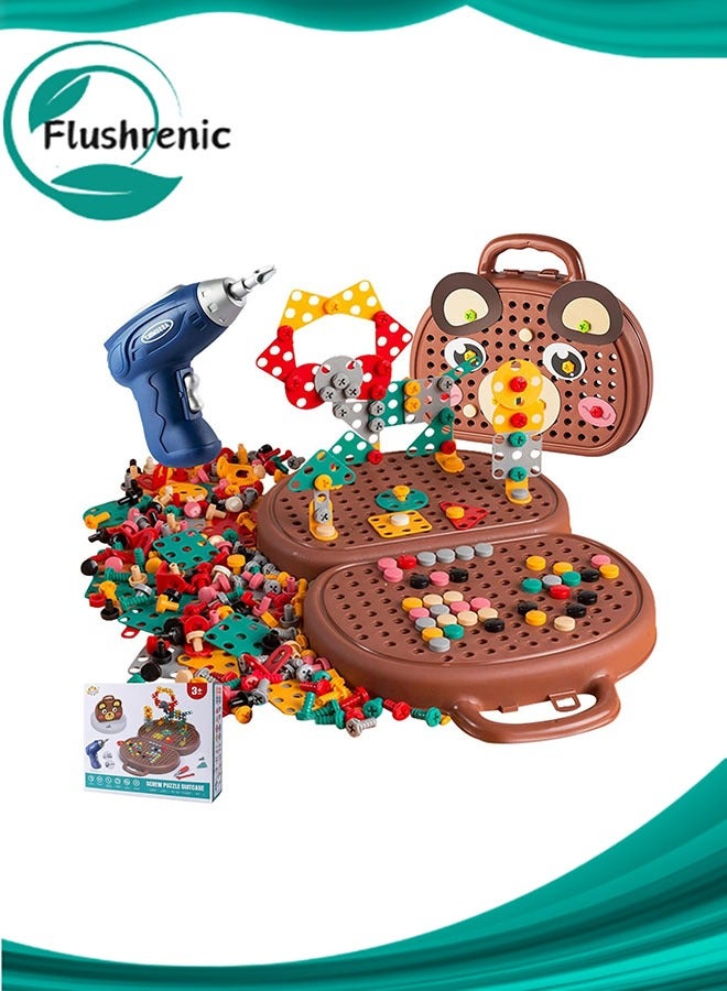 فلوشرينيك مجموعة أدوات للأطفال، 203 قطعة صندوق أدوات لعب ماجيك مونتيسوري على شكل دب مع مثقاب، صندوق أدوات إبداعية ثنائية/ثلاثية الأبعاد ألعاب مونتيسوري هدية للأطفال من سن 3 إلى 12 سنة، الأولاد والبنات - Image 1
