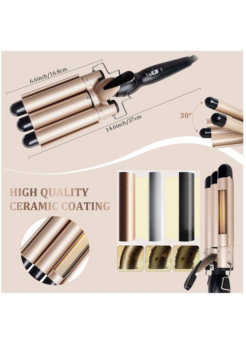 Generic 3 Barrel Curling Iron Wand - Dual Voltage Temperature Adjustable 25mm Hair Crimper,1 Inch Ceramic Tourmaline Triple Barrels,Hair Waving Styling Tools, Gold  - Image 3