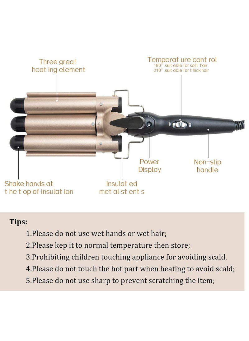 Generic 3 Barrel Curling Iron Wand - Dual Voltage Temperature Adjustable 25mm Hair Crimper,1 Inch Ceramic Tourmaline Triple Barrels,Hair Waving Styling Tools, Gold  - Image 2