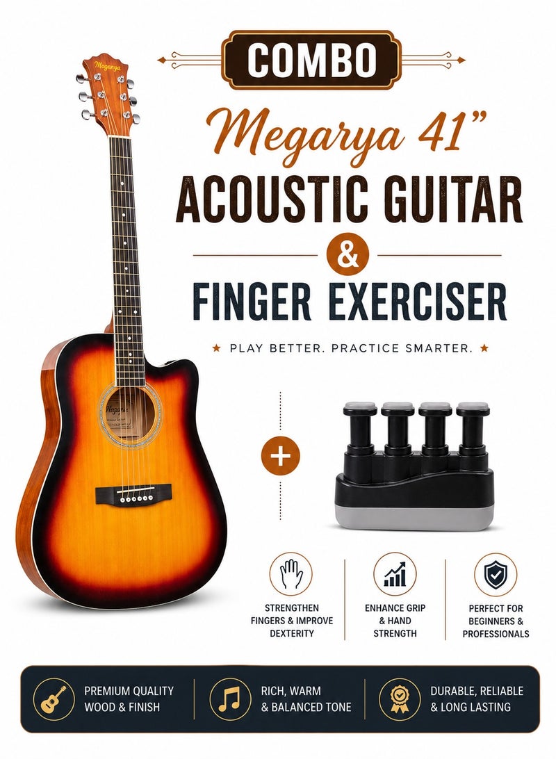 41" Sunburst Acoustic Guitar + Finger Exerciser Bundle | Beginner Guitar Starter Pack | Full Size Cutaway Guitar | Hand Grip Strength Trainer | Music Learning Combo