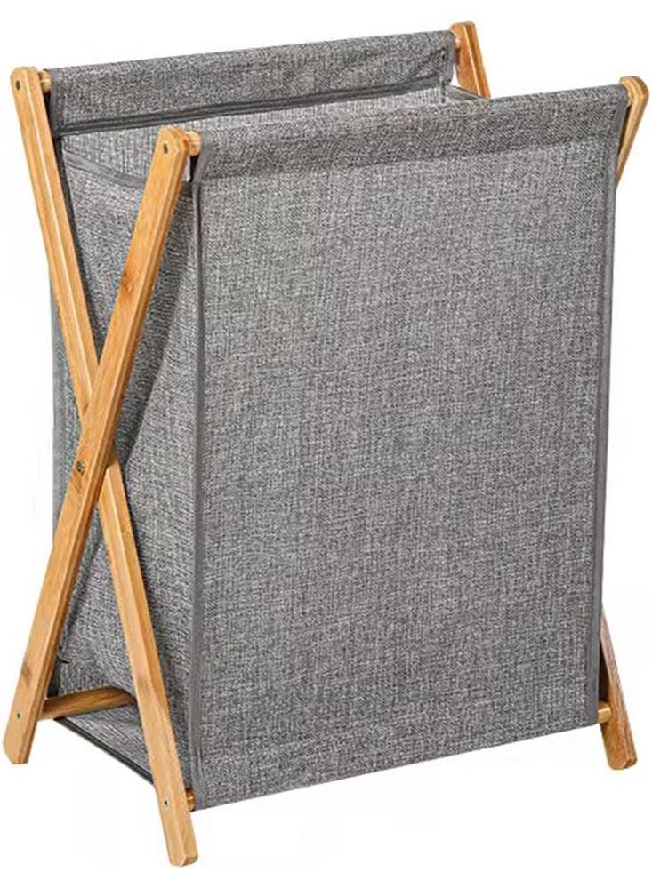 Perfii Natural Bamboo Wood Laundry Hamper Sorter Bin Waterproof Portable and Collapsible Folding Clothes Basket Storage with Removable Poly Cotton Liner Fabric Bag X Frame Design - Image 1