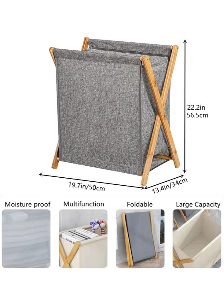 Perfii Natural Bamboo Wood Laundry Hamper Sorter Bin Waterproof Portable and Collapsible Folding Clothes Basket Storage with Removable Poly Cotton Liner Fabric Bag X Frame Design - Image 4