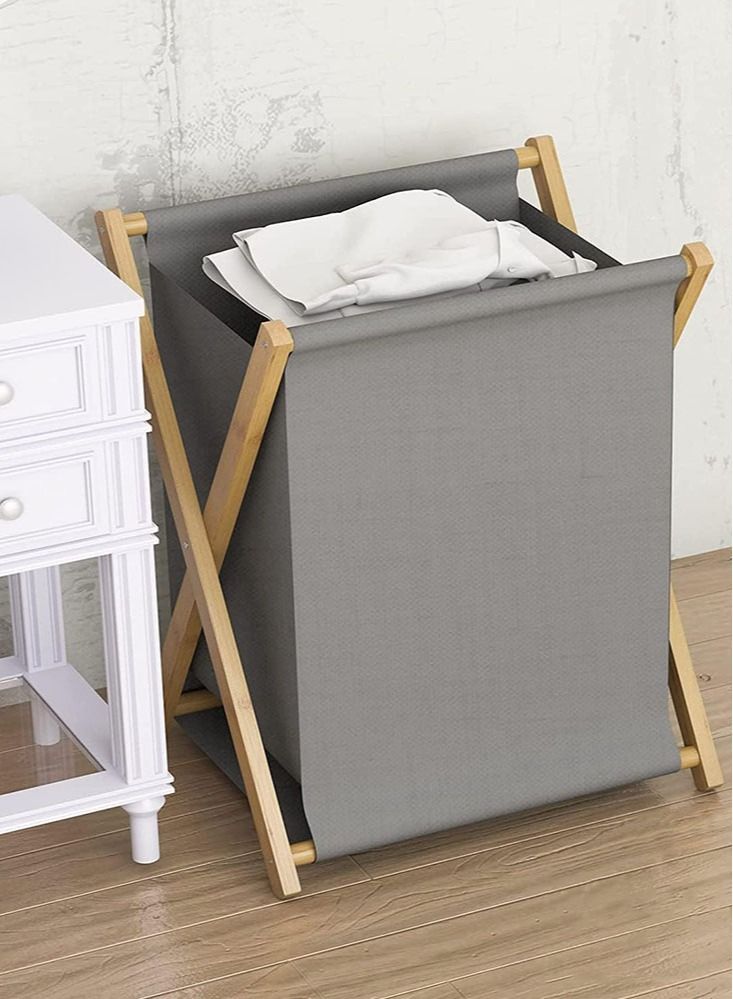 Perfii Natural Bamboo Wood Laundry Hamper Sorter Bin Waterproof Portable and Collapsible Folding Clothes Basket Storage with Removable Poly Cotton Liner Fabric Bag X Frame Design - Image 2