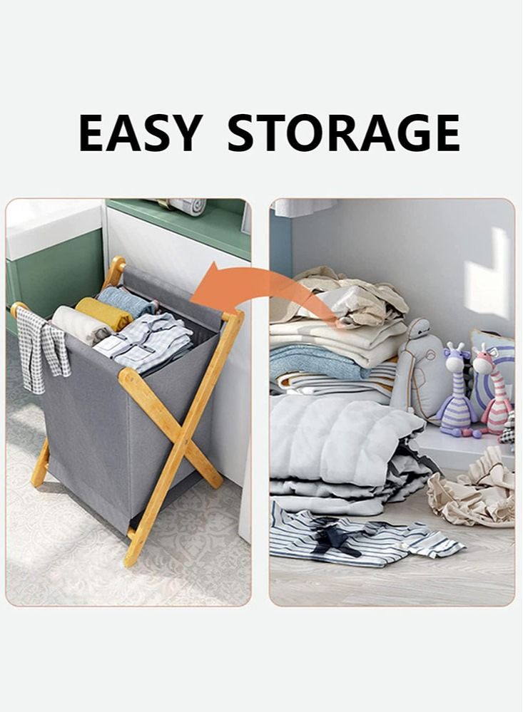 Perfii Natural Bamboo Wood Laundry Hamper Sorter Bin Waterproof Portable and Collapsible Folding Clothes Basket Storage with Removable Poly Cotton Liner Fabric Bag X Frame Design - Image 3