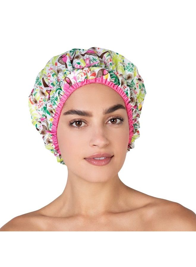 Betty Dain Reusable Shower Cap & Bath Cap & Lined, Oversized Waterproof Shower Caps Large Designed for all Hair Lengths with PEVA Lining & Elastic Band Stretch Hem Hair Hat - Fashionista Tropical - Image 1