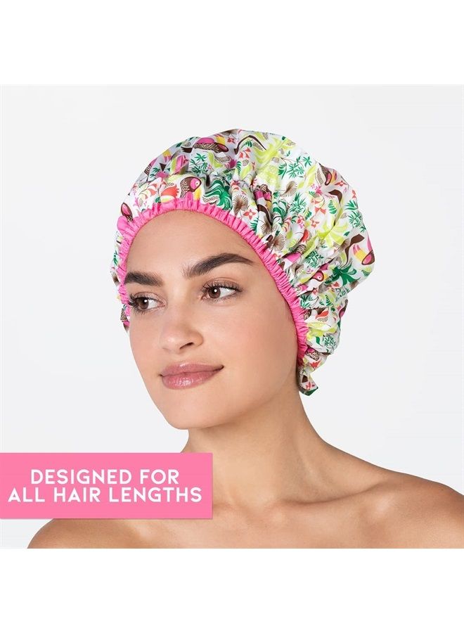 Betty Dain Reusable Shower Cap & Bath Cap & Lined, Oversized Waterproof Shower Caps Large Designed for all Hair Lengths with PEVA Lining & Elastic Band Stretch Hem Hair Hat - Fashionista Tropical - Image 3