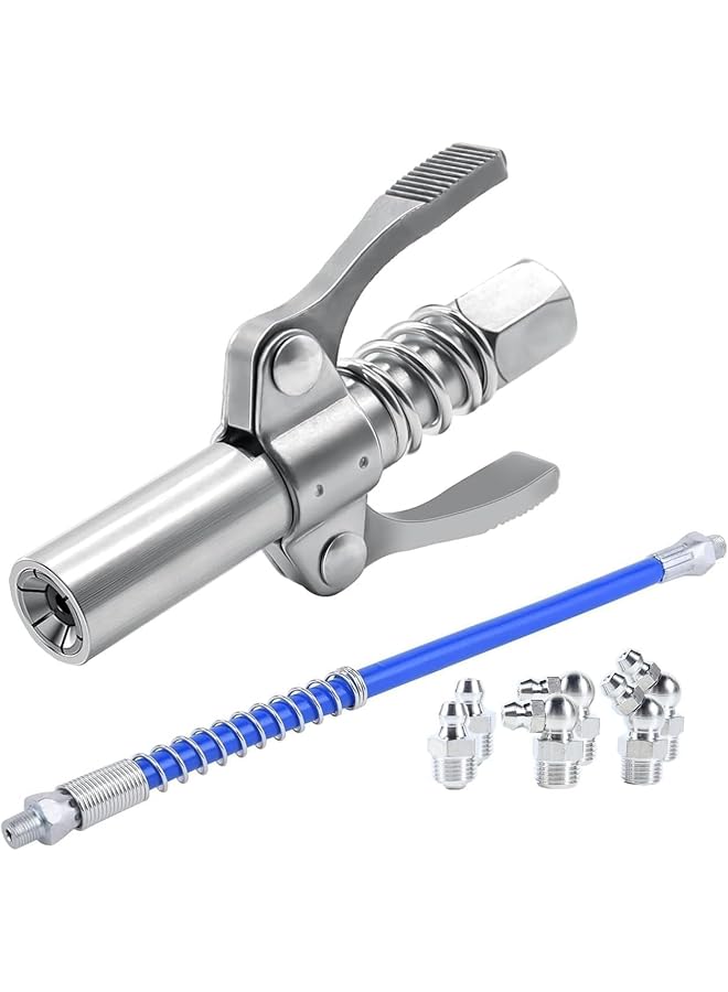 Generic Quick Lock Double Handle Grease Gun Nozzle With 12In Spring Hose And 6 M10 Grease Fittings, 10000 Psi High Pressure, Compatible With All 1/8" Npt Grease Guns, Essential Charging Station Accessories  - Image 1