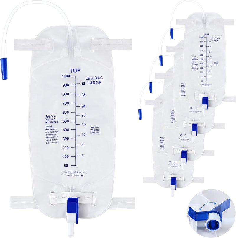 Geiserailie 5 Pack 1000ml Leg Bag Urinary Drainage Bag with 12 Tubing and Anti Reflux Valve 338oz Large Capacity Urine Leg Bag with Cloth Straps Easy Flip Drain Urinary Leg Bag for Men Women - Image 1