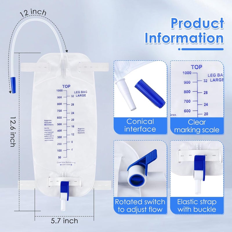 Geiserailie 5 Pack 1000ml Leg Bag Urinary Drainage Bag with 12 Tubing and Anti Reflux Valve 338oz Large Capacity Urine Leg Bag with Cloth Straps Easy Flip Drain Urinary Leg Bag for Men Women - Image 2