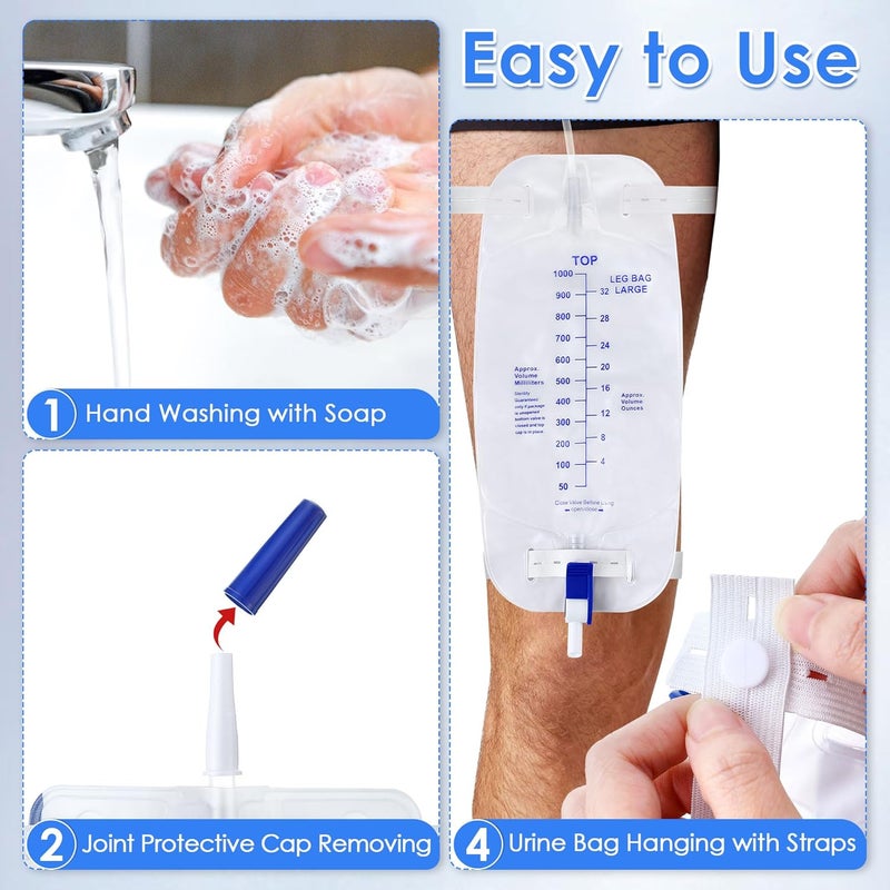 Geiserailie 5 Pack 1000ml Leg Bag Urinary Drainage Bag with 12 Tubing and Anti Reflux Valve 338oz Large Capacity Urine Leg Bag with Cloth Straps Easy Flip Drain Urinary Leg Bag for Men Women - Image 4