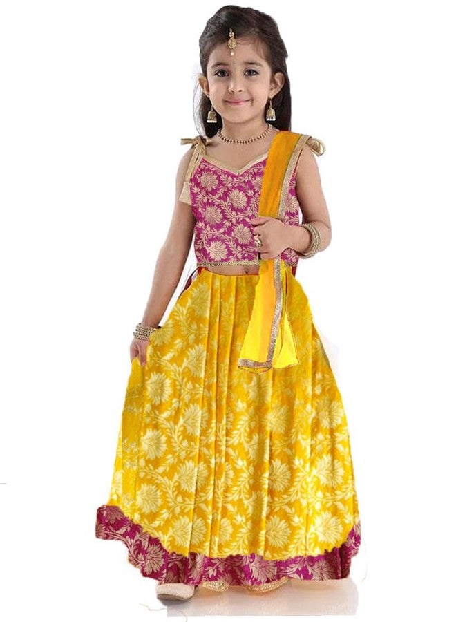 HIBA CREATIONS Baby girl Yellow color banarasi lehenga with pink border and heartshape pink choli for diwali 12-18 Months - Image 1