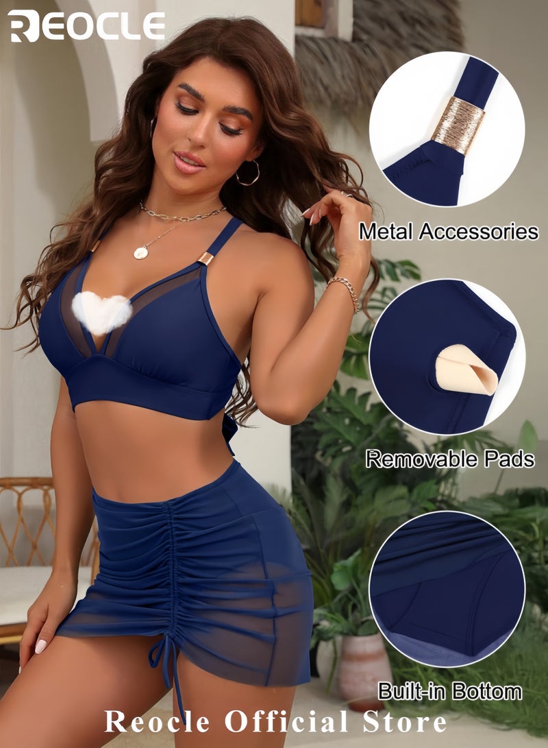 REOCLE Womens High Wasited Bikini Sets Tummy Control Swimsuits Curvy Mesh Swim Skirt - Image 5