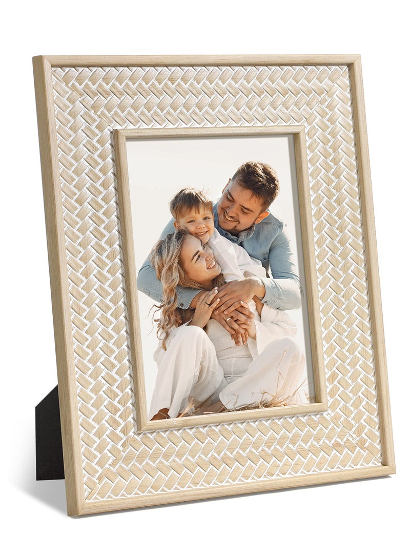 Afuly 5x7 Picture Frame Natural Boho Picture Frames Beige Chic Bohemian Photo Frame Desk Picture Frames for Wall Hangings Home Decor Wedding Gifts for Couple Grandma Mom Women
