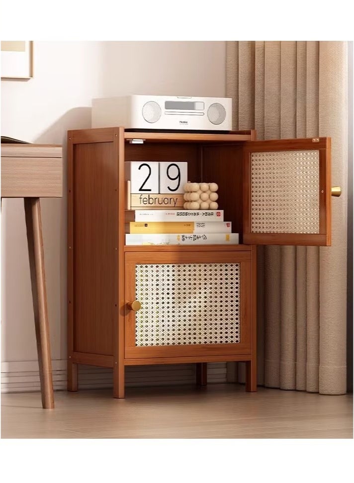 Beauenty 2-Tier Modern Bamboo Wood Nightstand Table, Bedside Table, End Side Tables, Coffee Tables, Home Storage Rack, Bookcase with Rattan Reticulated Door and Storage Compartment for Home Office - Image 1