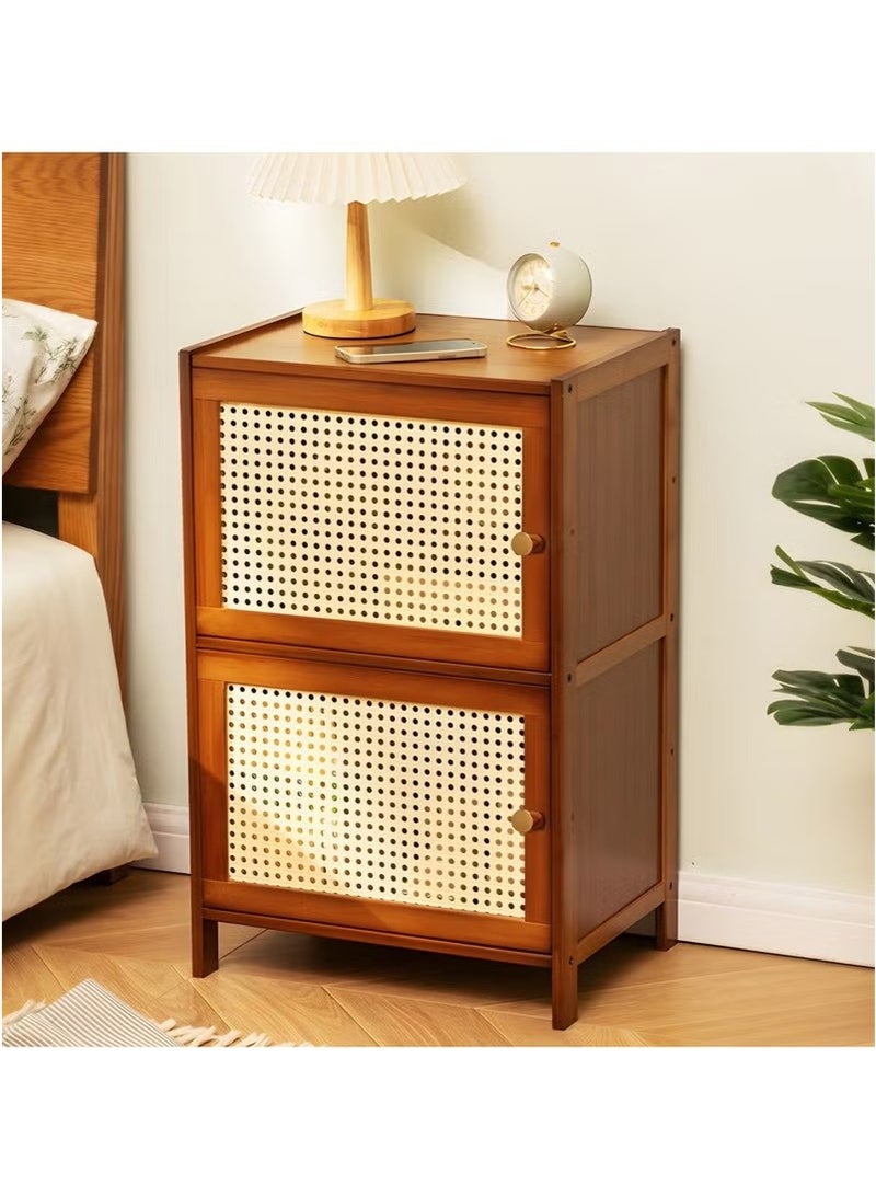 Beauenty 2-Tier Modern Bamboo Wood Nightstand Table, Bedside Table, End Side Tables, Coffee Tables, Home Storage Rack, Bookcase with Rattan Reticulated Door and Storage Compartment for Home Office - Image 2