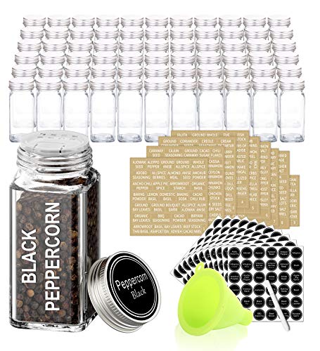 SWOMMOLY 66 Glass Spice Jars with 703 Spice Labels, Chalk Marker and Funnel Complete Set. 66 Square Glass Jars 4oz, Airtight Cap, Pour/sift Shaker Lid - Image 1