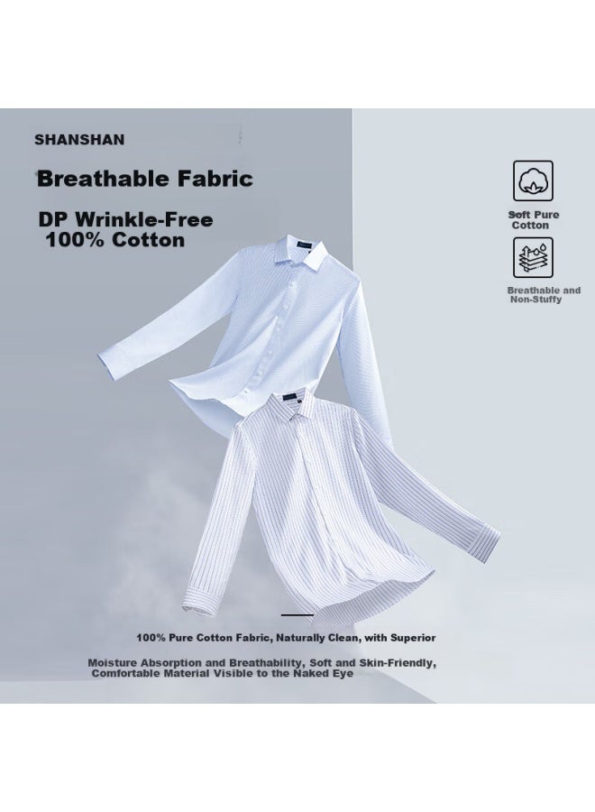 Shanshanshanshan Dp Non-iron Long Sleeve Men's Dress Shirt 100% Cotton Striped Breathable Work Shirt For Commuting - Image 2