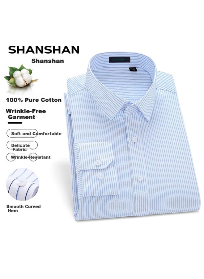 Shanshanshanshan Dp Non-iron Long Sleeve Men's Dress Shirt 100% Cotton Striped Breathable Work Shirt For Commuting - Image 1