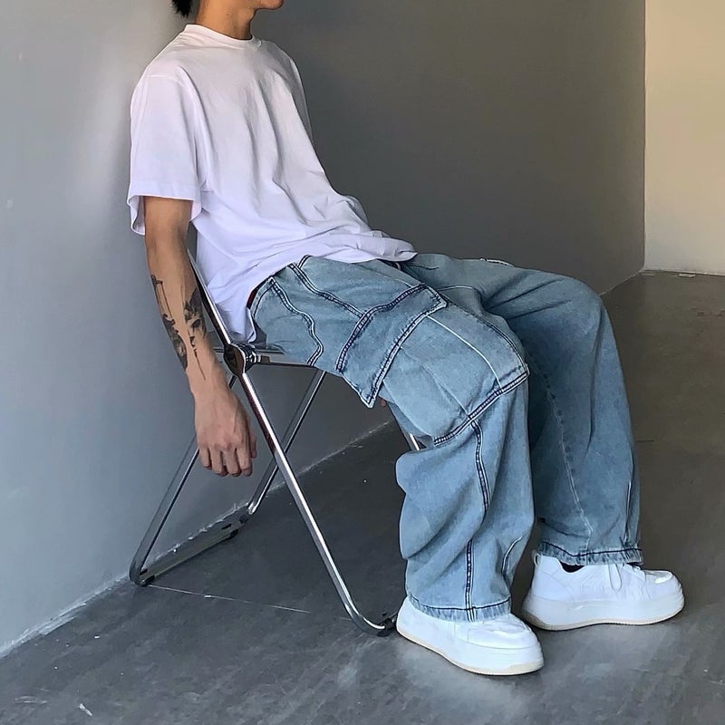 Retro Japanese Streetwear Drop-Crotch Baggy Jeans black gray  - Image 2