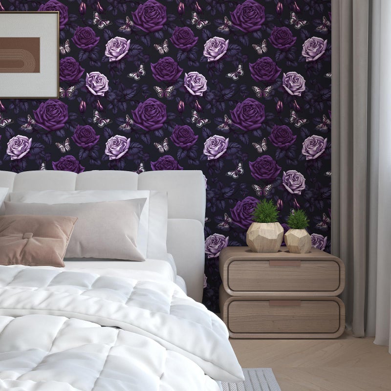 BOKEBEVE Extra Long Dark Purple Butterfly Wallpaper Peel and Stick Floral Contact Paper for Kitchen Backsplash Bathroom Shelf Liner Removable Renter Friendly 17.5 x 393.5In - Image 3