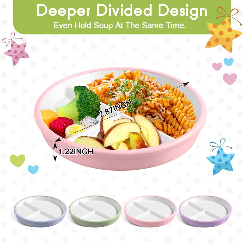 Domensi 4 Pcs 8" Large Porcelain Kids Plates with Anti-slip Silicone Sleeve Ceramic Divided Plate with Suction for Toddler Eating Microwave Dishwasher Friendly (Blue,Green,Purple,Pink) - Image 2