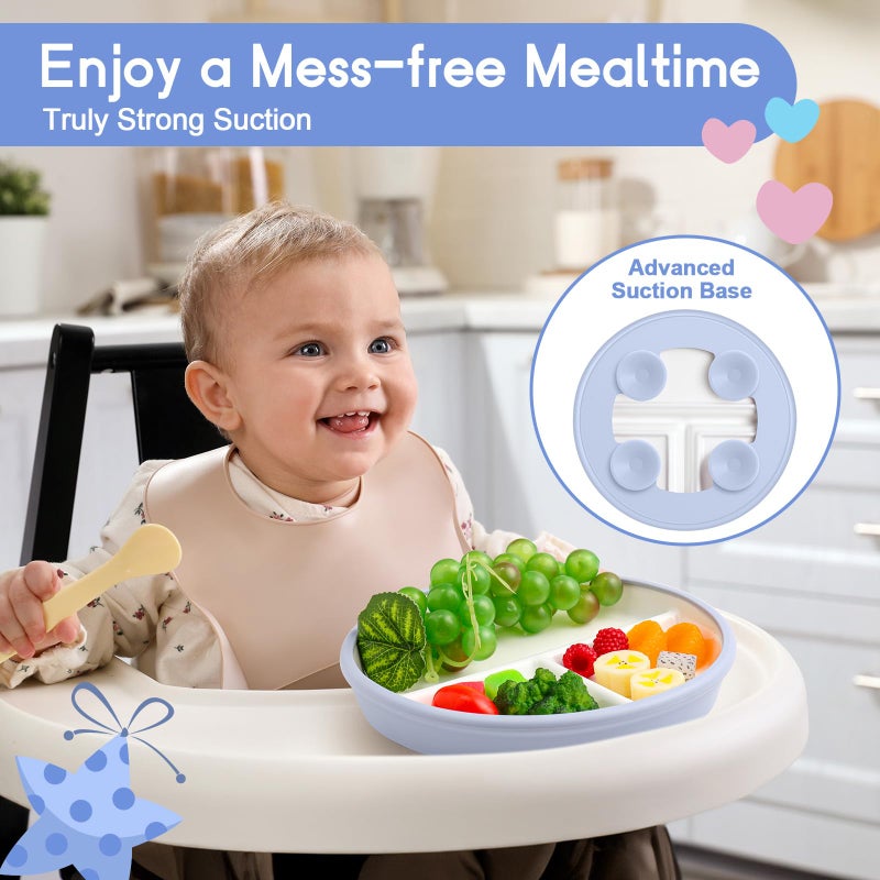 Domensi 4 Pcs 8" Large Porcelain Kids Plates with Anti-slip Silicone Sleeve Ceramic Divided Plate with Suction for Toddler Eating Microwave Dishwasher Friendly (Blue,Green,Purple,Pink) - Image 4