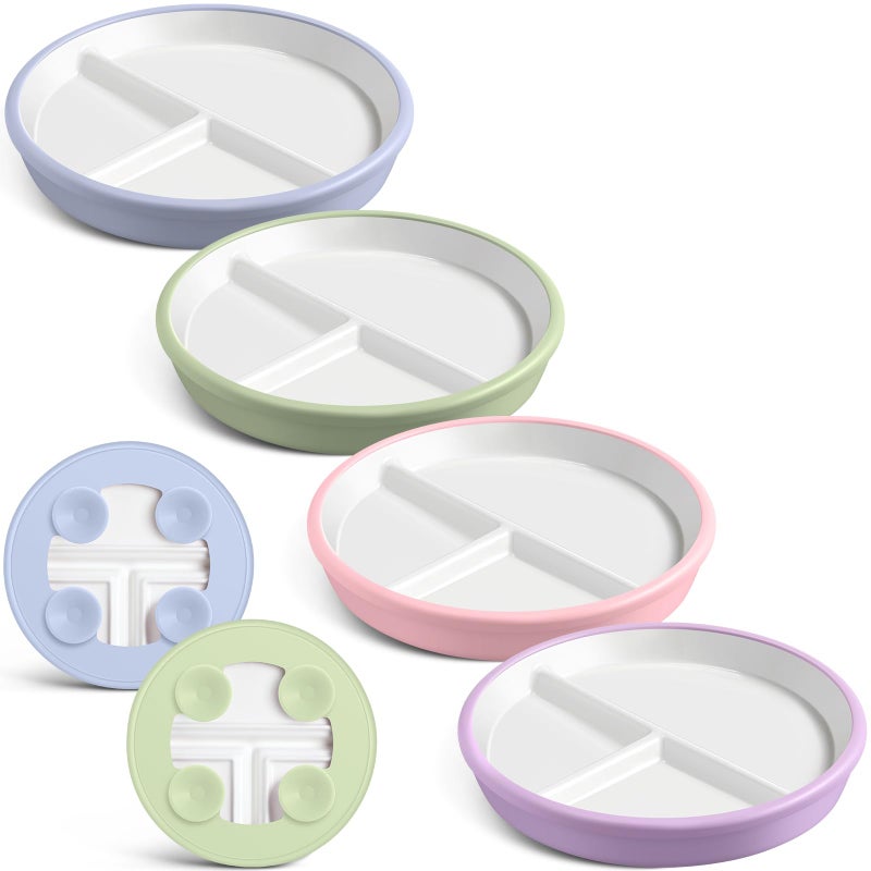 Domensi 4 Pcs 8" Large Porcelain Kids Plates with Anti-slip Silicone Sleeve Ceramic Divided Plate with Suction for Toddler Eating Microwave Dishwasher Friendly (Blue,Green,Purple,Pink) - Image 1