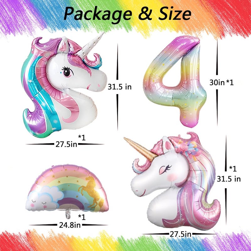 Heukikt Unicorn 4th Birthday Party Decorations for Girl Purple Pink Theme Balloon Set, Large Rainbow Unicorn Helium Balloons with Heart and Star Baby Shower Kids Supplies (number 4 set) - Image 2