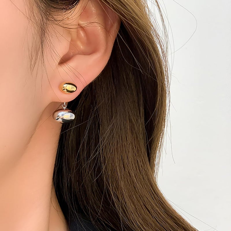 Uarein Two Tone Teardrop Stud Earring for Women Gold Silver Front Back Oval Bean Dangle Earrings Cute Post Ball Earrings Lightweight Chunky Jewelry Gifts (Oval) - Image 2