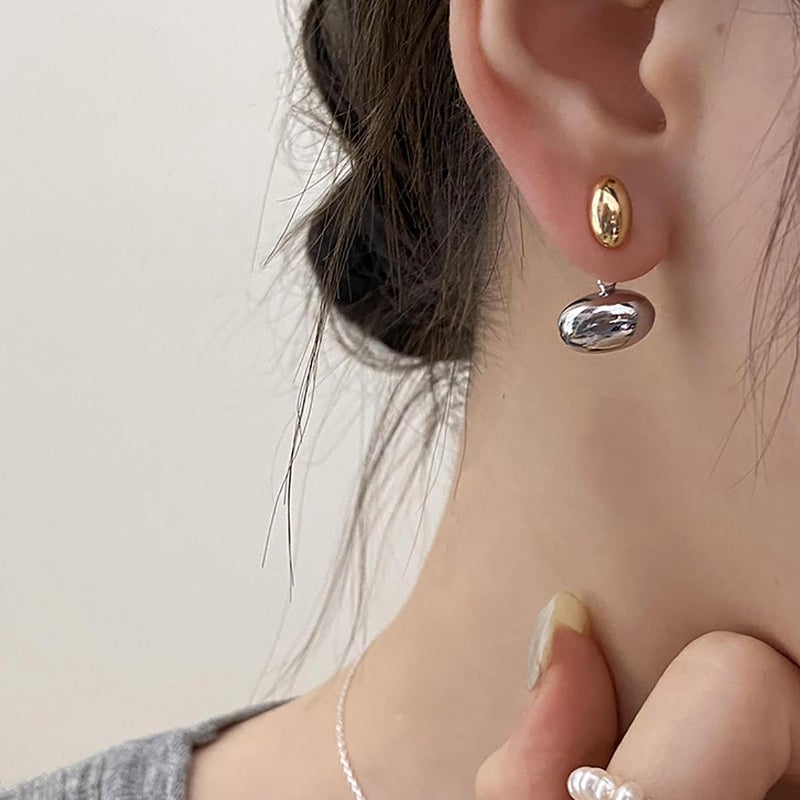 Uarein Two Tone Teardrop Stud Earring for Women Gold Silver Front Back Oval Bean Dangle Earrings Cute Post Ball Earrings Lightweight Chunky Jewelry Gifts (Oval) - Image 4