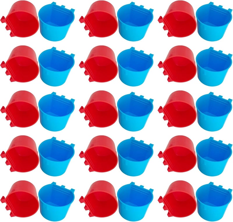 Bonchoice 30 Pcs Cage Cups Birds Feeders Bowl Chicken Feeding Watering Dish Hanging Wire Cages Box Coop Cups for Pet Parrot Parakeet Gamefowl Poultry Pigeon and Quail（Blue and Red） - Image 1