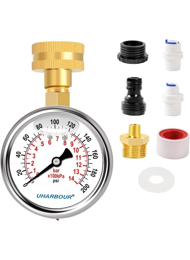 Uharbour Uharbour Water Pressure Gauge Kit Including Adaptors, 2.5Glycerin Filled Water Pressure Test Gauge With Brass Hose Fitting And Extra 6 Adapters For Multiple Use,0-200Psi/14Bar  - Image 1