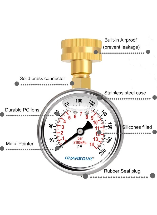 Uharbour Uharbour Water Pressure Gauge Kit Including Adaptors, 2.5Glycerin Filled Water Pressure Test Gauge With Brass Hose Fitting And Extra 6 Adapters For Multiple Use,0-200Psi/14Bar  - Image 5