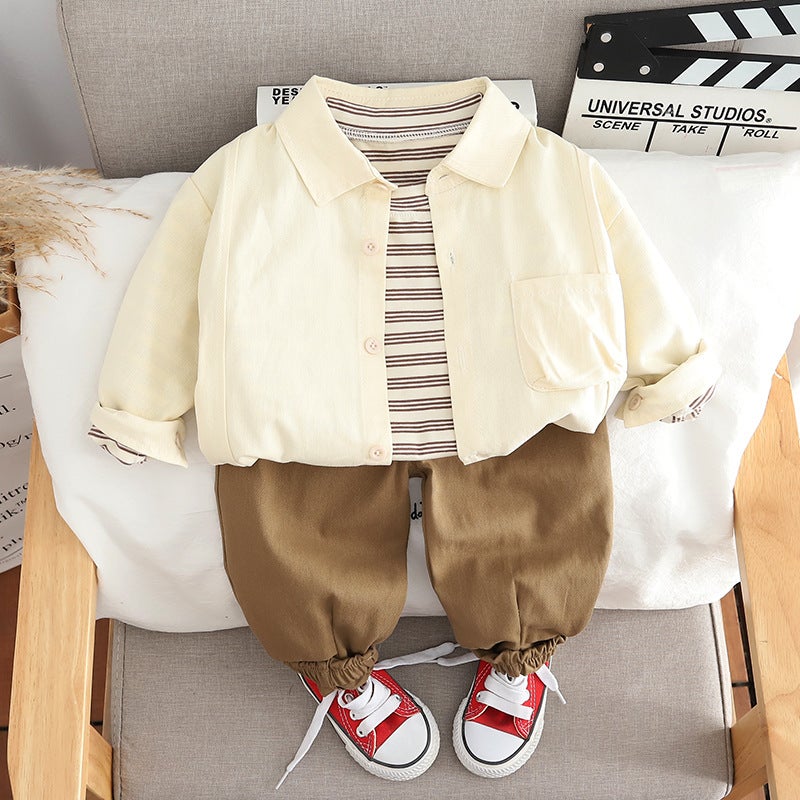 Boys Autumn Outfit Set 2024 New Kids Shirt Long Sleeve 3-Piece Trendy Korean Style creamy-white shirt long-sleeved three-piece suit 