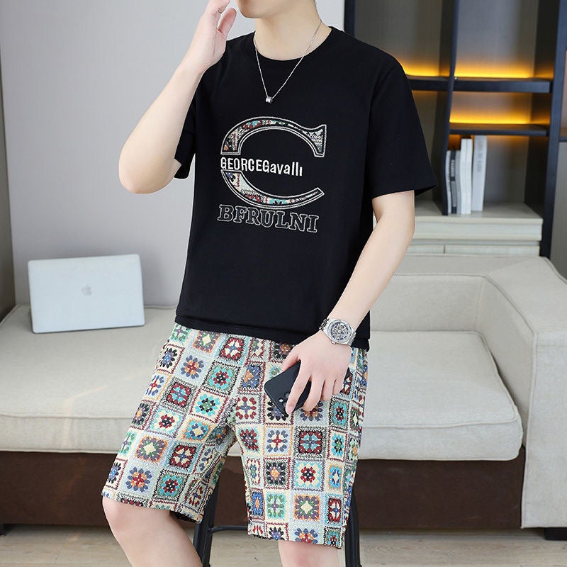 Summer Mens Fashion Print Tee Shorts Set G03 black suit [t-shirt + shorts] 