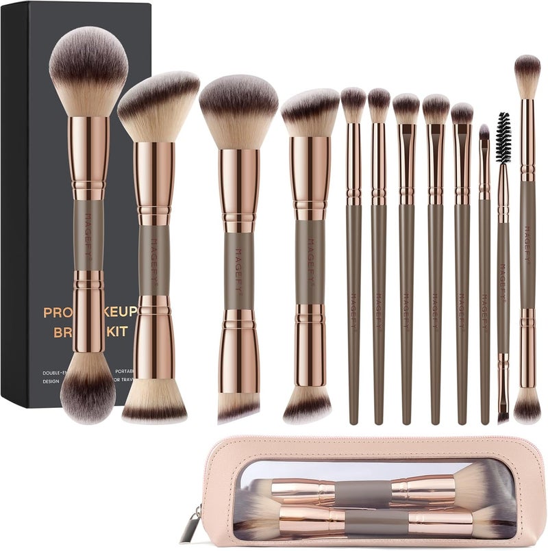 MAGEFY Makeup Brush Set 12Pcs Double Sided Make up Brushes Foundation Contour Blush Highlight Blending Eyeshadow Brushes Vegan Makeup Brushes with Bag Gold