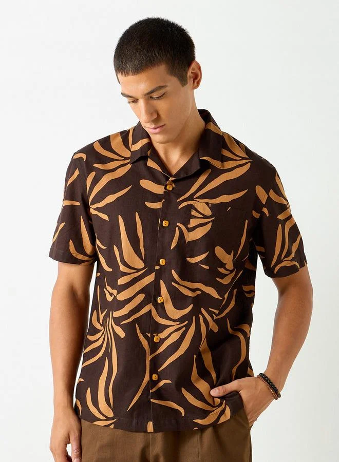 Iconic Iconic Relaxed Fit Printed Linen Blend Shirt with Camp Collar
