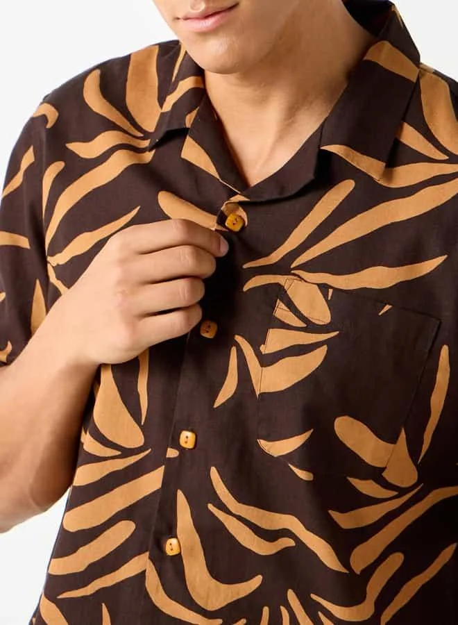 Iconic Iconic Relaxed Fit Printed Linen Blend Shirt with Camp Collar