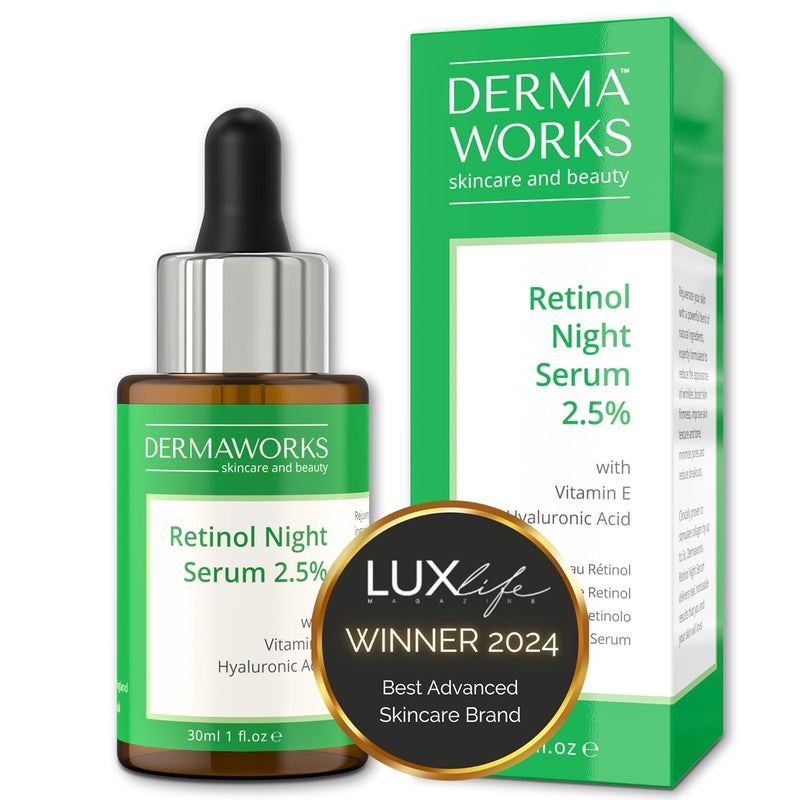 DERMAWORKS Retinol Serum for Face  Resurfacing Retinol Serum for Fine Lines and Wrinkles Treatment  Night Serum for Face  Deep Wrinkle Serum with Vitamin E  Hyaluronic Acid  30ml