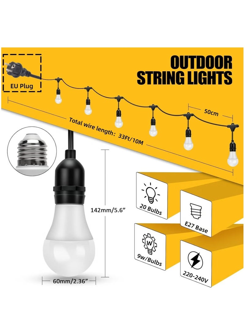 Raxoom 33FT Outdoor String Lights, 10 Meter 20 Hanging Sockets Decorative Lights for Outdoor Garden - Image 2