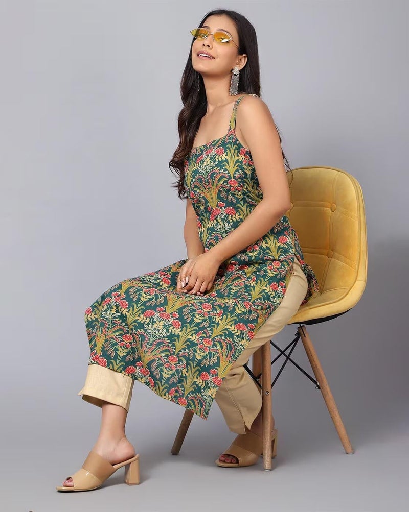 PATLANI Women's Cotton BLENED Sleeveless Printed Full Stitched Kurti.(k-199) Green - Image 5